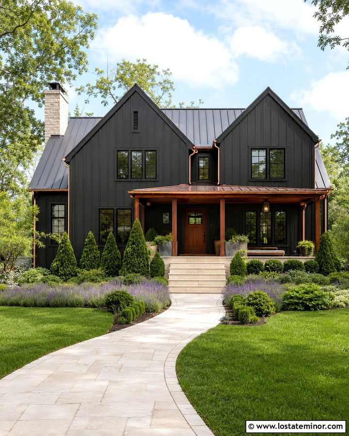 Soft Black Board And Batten With Copper Gutters - 30 Soft Black House Design With Board and Batten Ideas