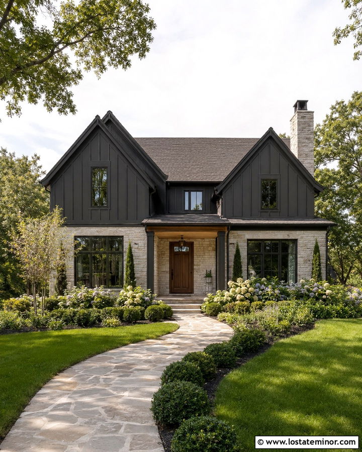 Soft Black Board And Batten With Cream Stone - 30 Soft Black House Design With Board and Batten Ideas