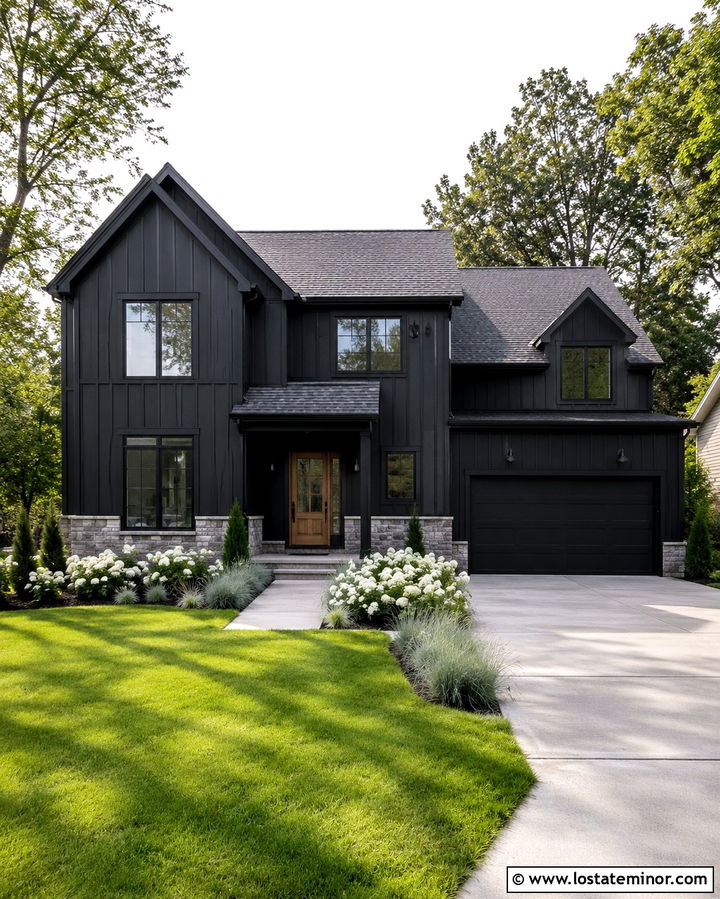 Soft Black Board And Batten With Gray Roof - 30 Soft Black House Design With Board and Batten Ideas