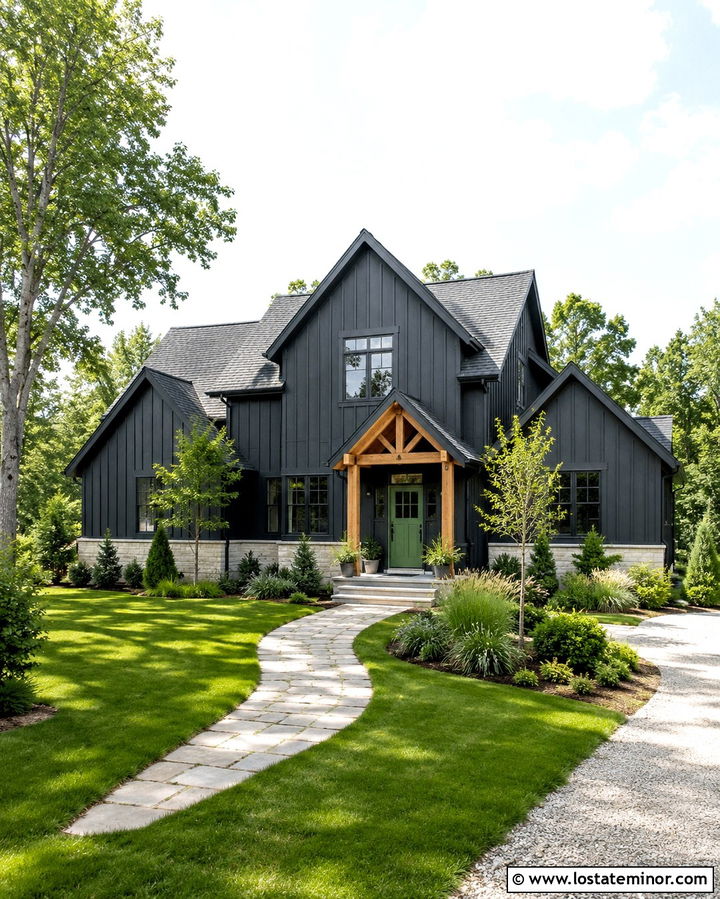 Soft Black Board And Batten With Green Front Door - 30 Soft Black House Design With Board and Batten Ideas