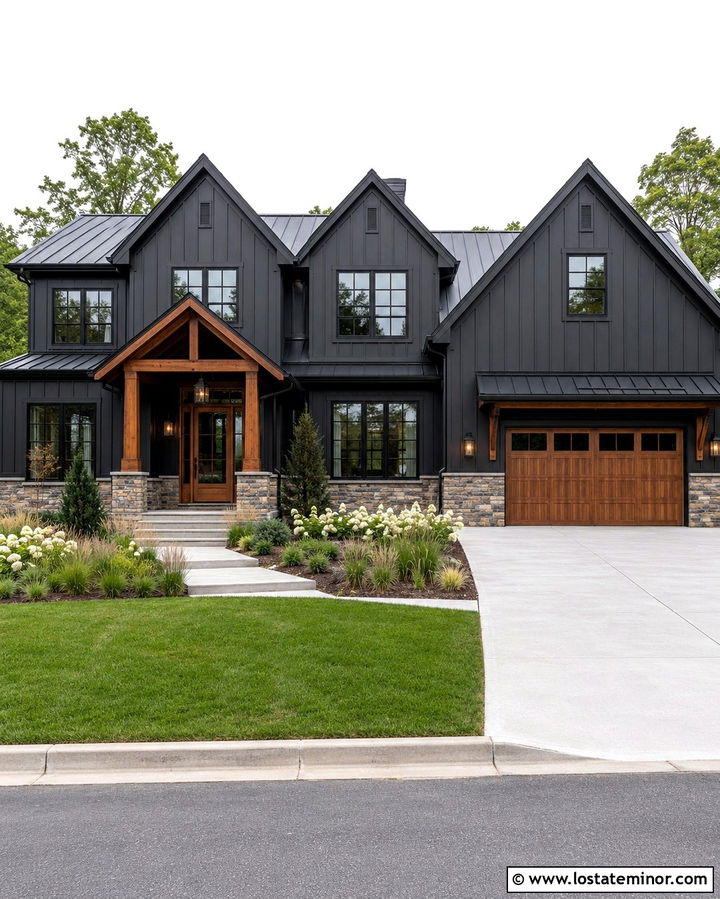 Soft Black Board And Batten With Grid Windows - 30 Soft Black House Design With Window Frames Ideas
