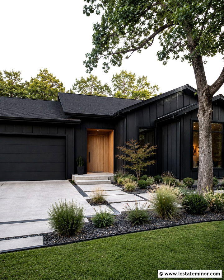 Soft Black Board And Batten With Light Wood Entry - 30 Soft Black House Design With Board and Batten Ideas