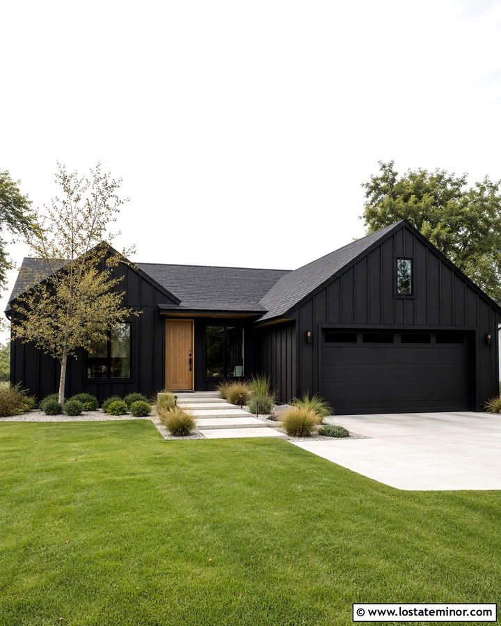 Soft Black Board And Batten With Minimal Landscaping - 30 Soft Black House Design With Board and Batten Ideas