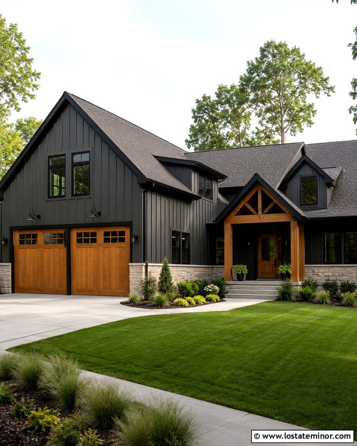 Soft Black Board And Batten With Natural Wood Garage Doors - 30 Soft Black House Design With Board and Batten Ideas