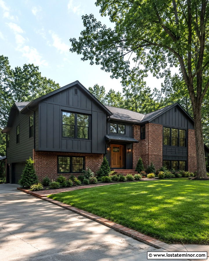 Soft Black Board And Batten With Red Brick - 30 Soft Black House Design With Board and Batten Ideas