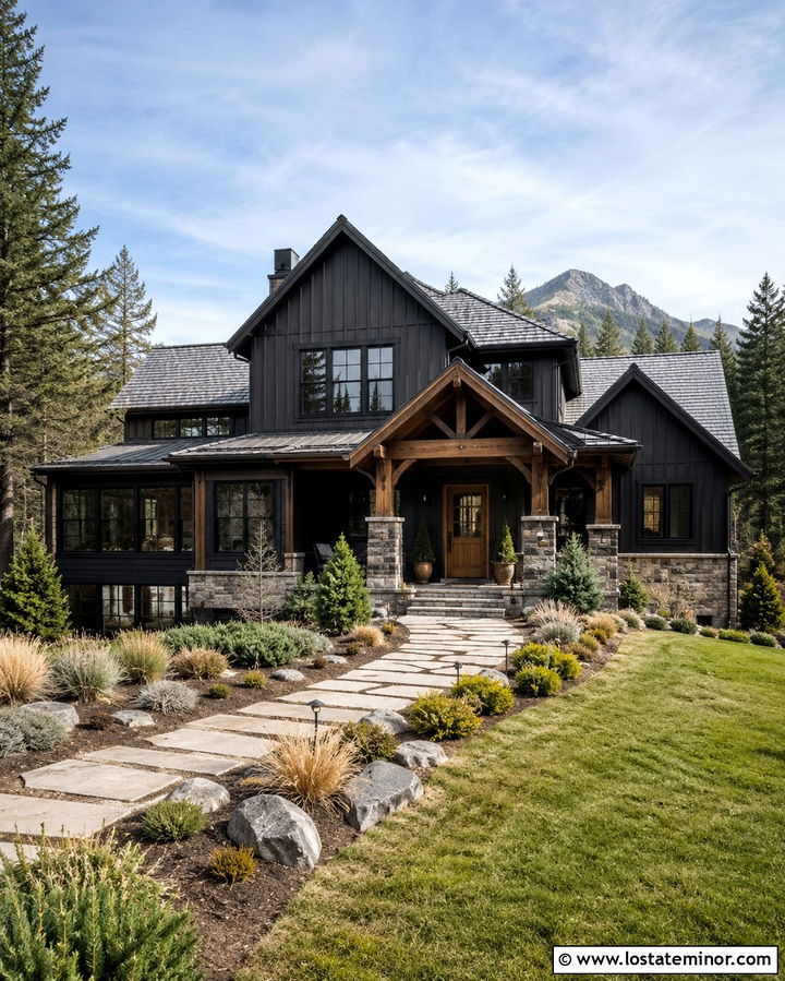 Soft Black Board And Batten With Stone Porch - 30 Soft Black House Design With Board and Batten Ideas
