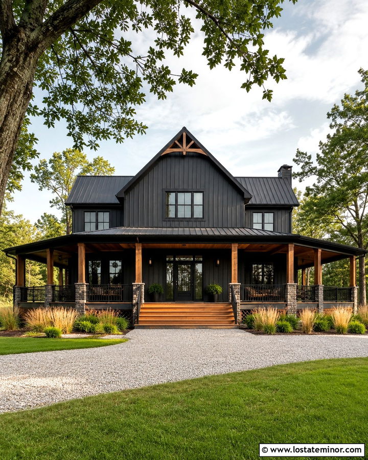 Soft Black Board And Batten With Wraparound Porch - 30 Soft Black House Design With Board and Batten Ideas