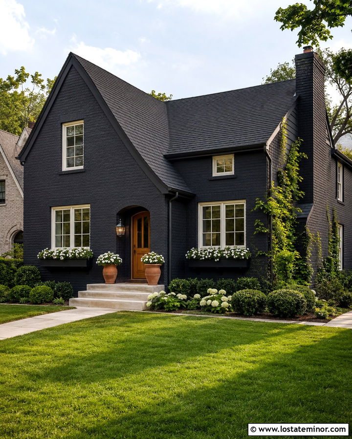 Soft Black Brick House With Black Window Boxes - 30 Soft Black House Design With Window Boxes Ideas