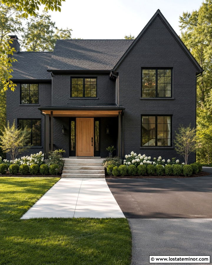Soft Black Brick House With Black Window Frames - 30 Soft Black House Design With Window Frames Ideas