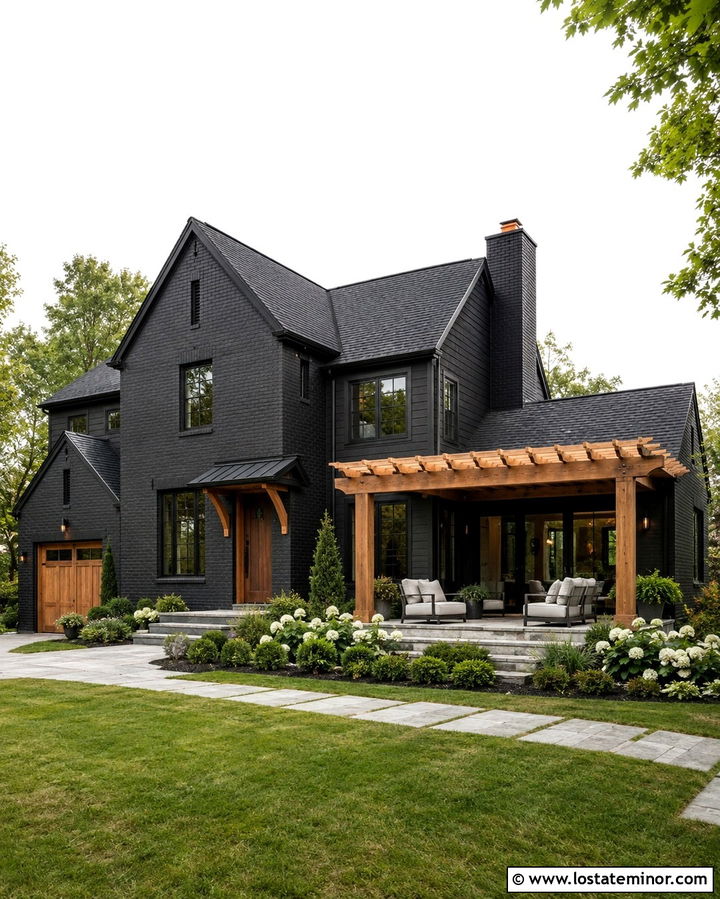 Soft Black Brick House With Cedar Pergola - 30 Soft Black House Design With Pergola Ideas