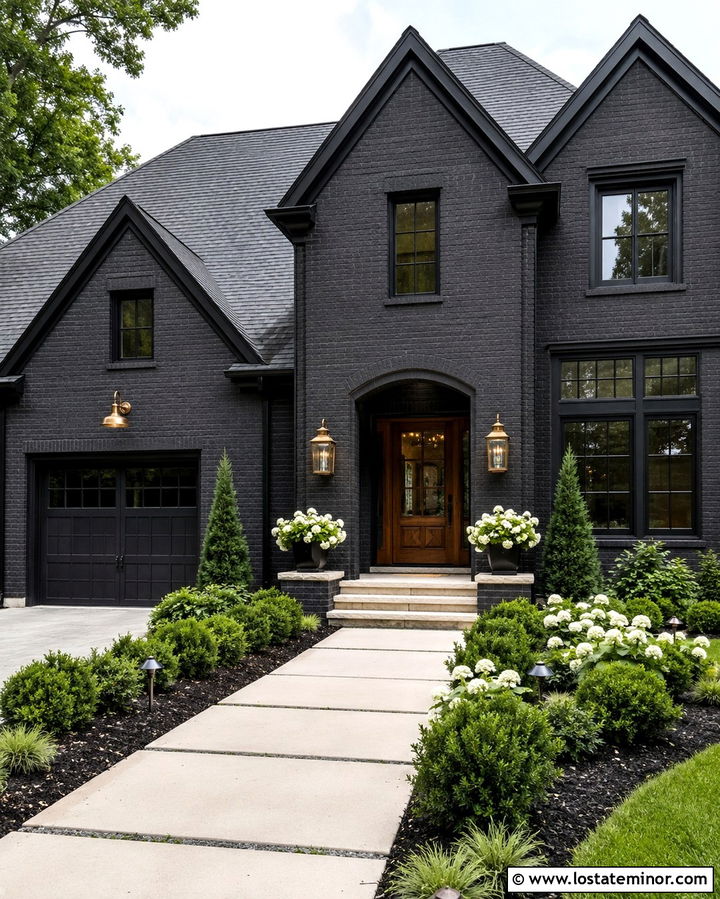 Soft Black Brick House With Coach Lights - 30 Soft Black House Design With Light Fixtures Ideas