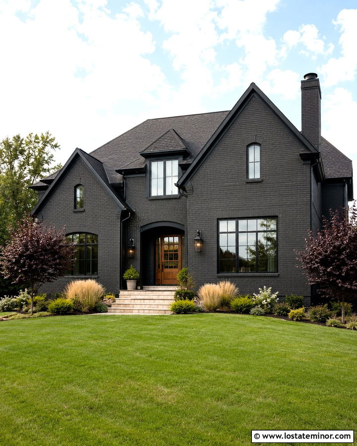 Soft Black Brick House With Cognac Entry Door - 30 Soft Black House Design With Entry Door Ideas