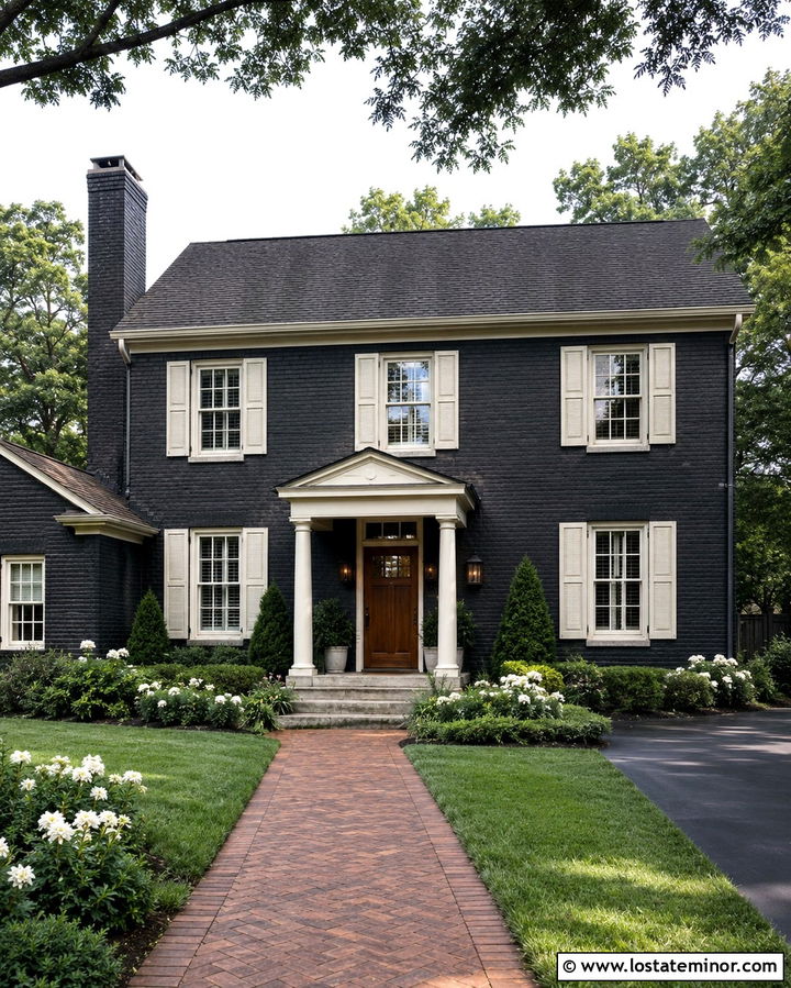 Soft Black Brick House With Cream Shutters - 30 Soft Black House Design With Shutters Ideas