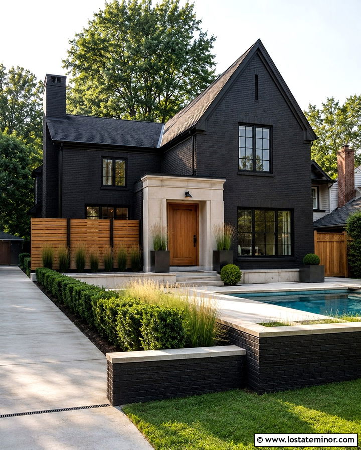 Soft Black Brick House With Geometric Pool - 30 Soft Black House Design With Swimming Pool Ideas