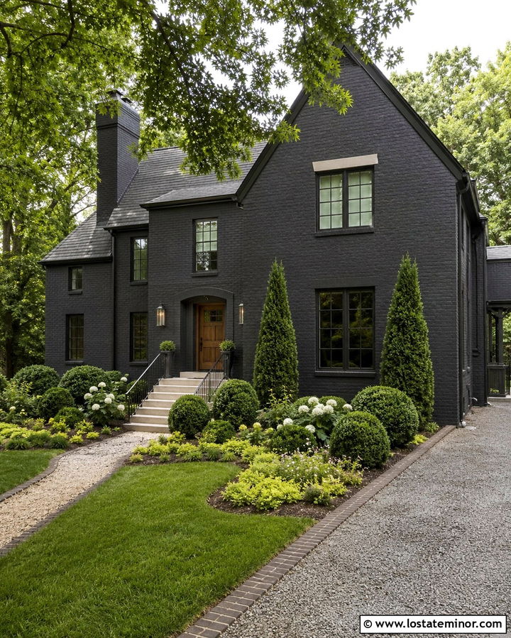 Soft Black Brick House With Green Shrubs - 30 Soft Black House Design With Landscaping Ideas
