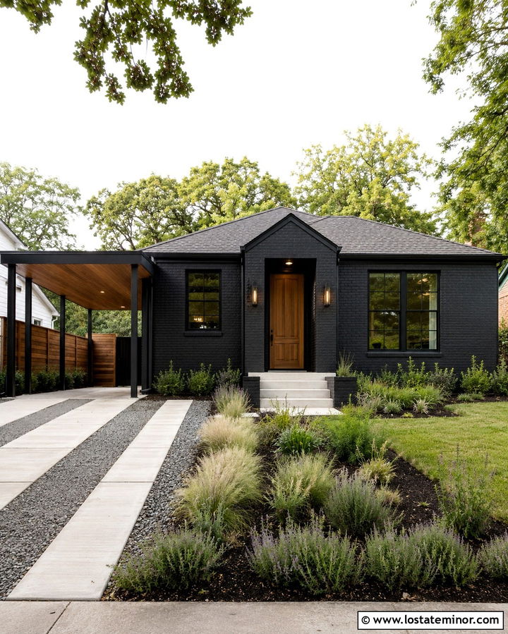 Soft Black Brick House With Metal Carport - 30 Soft Black House Design With Carport Ideas