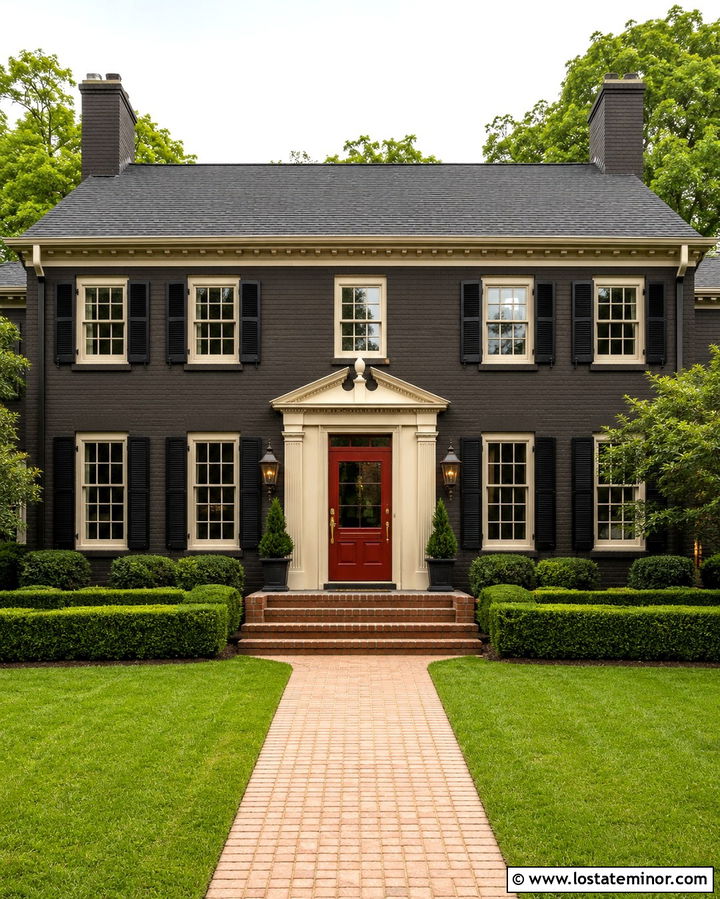Soft Black Brick House With Red Storm Door - 30 Soft Black House Design With Storm Door Ideas