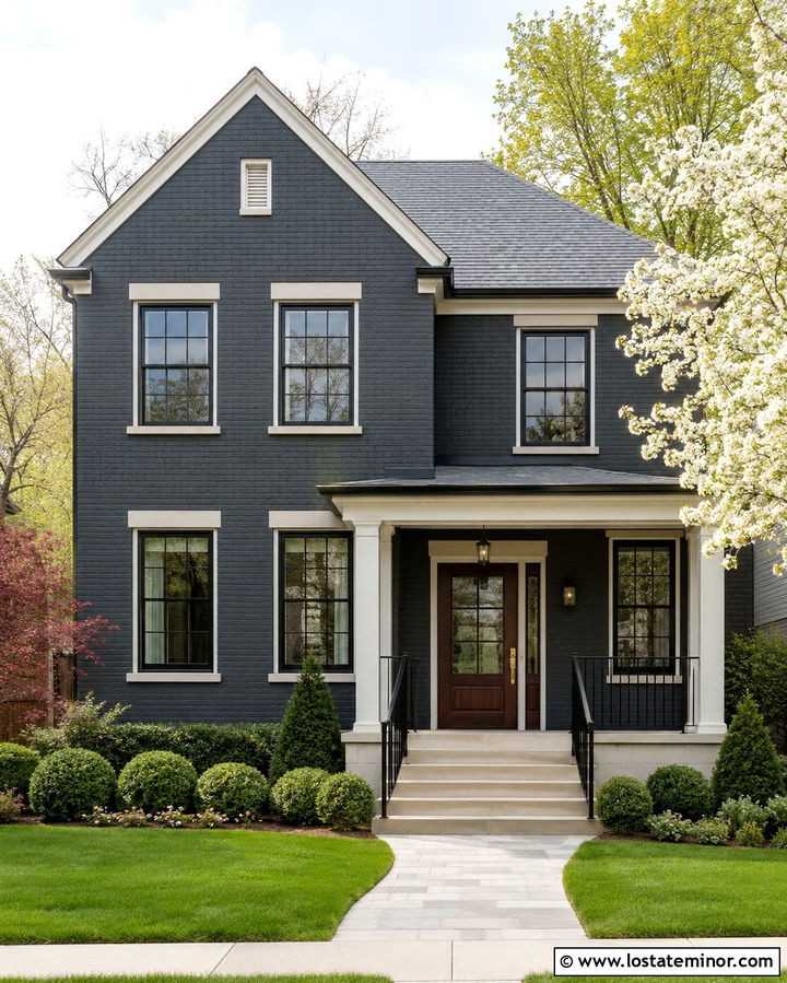 Soft Black Brick House With Steel Railings - 30 Soft Black House Design With Railings Ideas