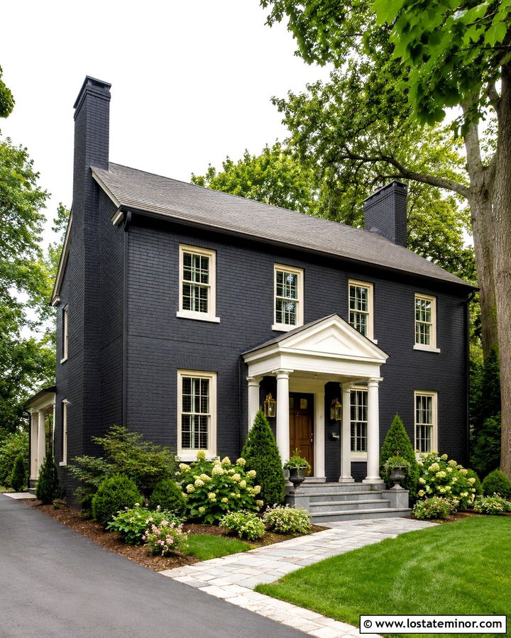Soft Black Brick House With Traditional Portico - 30 Soft Black House Design With Portico Ideas