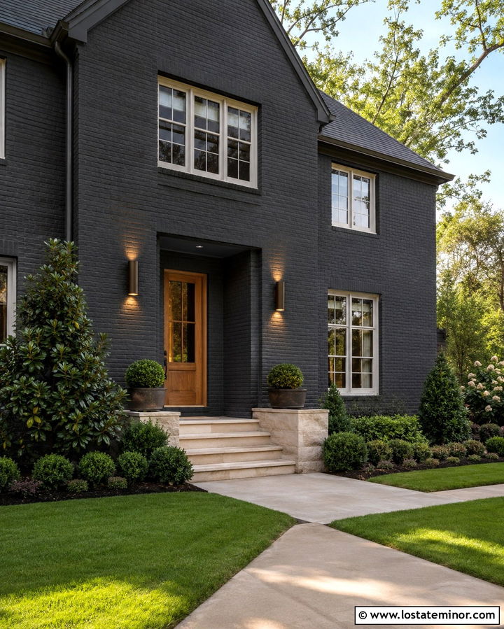 Soft Black Brick House With Up And Down Sconces - 30 Soft Black House Design With Lighting Ideas