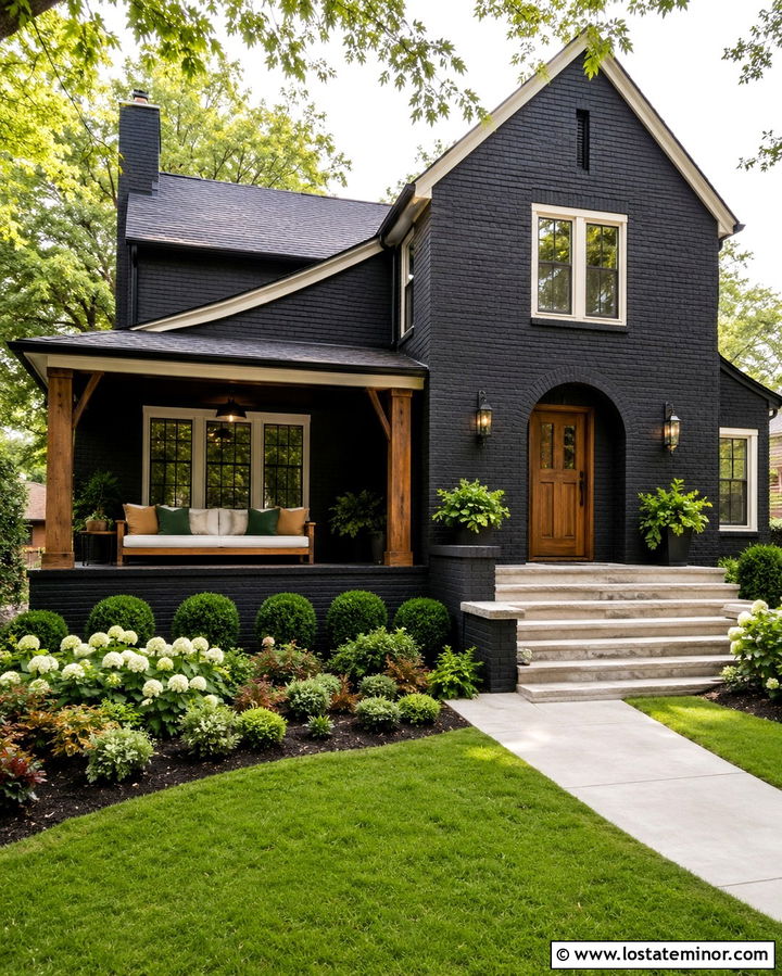 Soft Black Brick House With Wood Daybed - 30 Soft Black House Design With Daybed Ideas