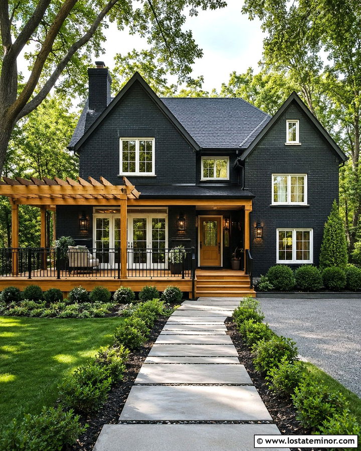 Soft Black Brick House With Wood Deck - 30 Soft Black House Design With Deck Ideas