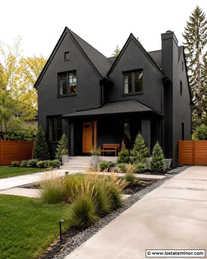 Soft Black Brick House With Wood Fence - 30 Soft Black House Design With Fence Ideas