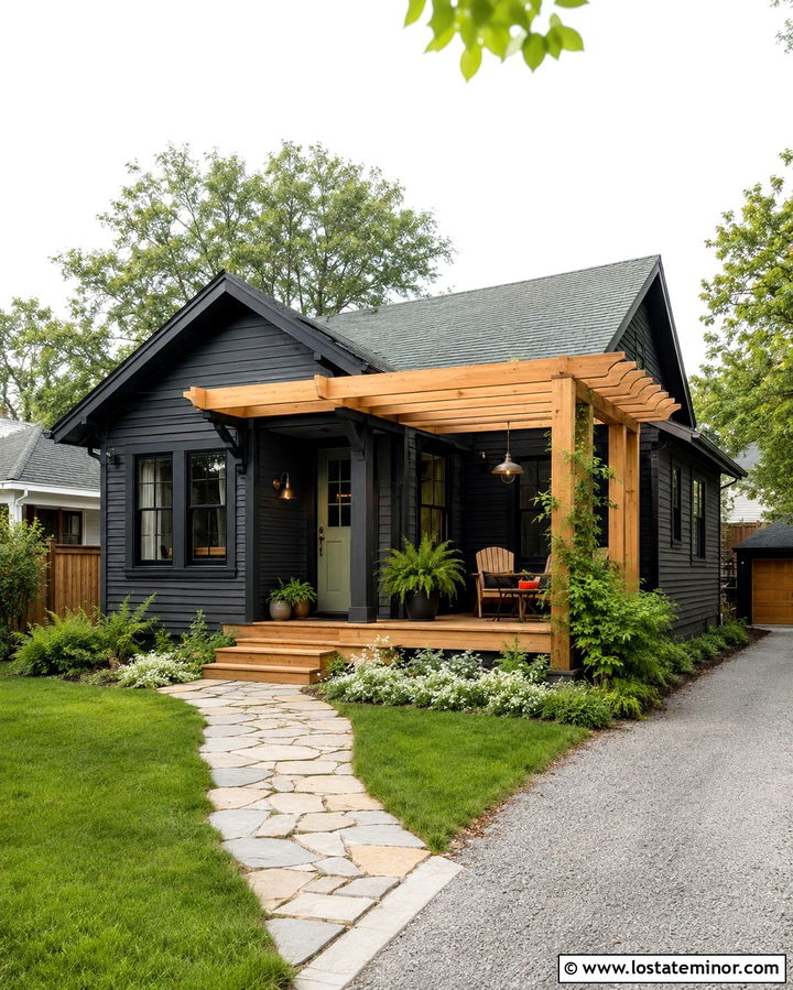 Soft Black Bungalow With Attached Wood Pergola - 30 Soft Black House Design With Pergola Ideas