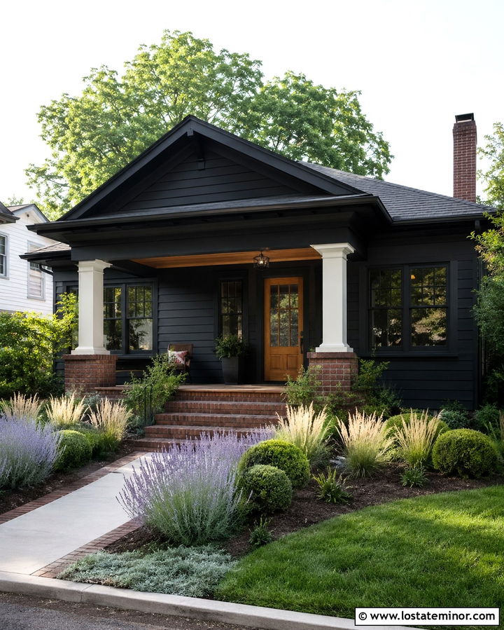Soft Black Bungalow With Brick Porch Steps - 30 Soft Black House Design With Brick Accents Ideas