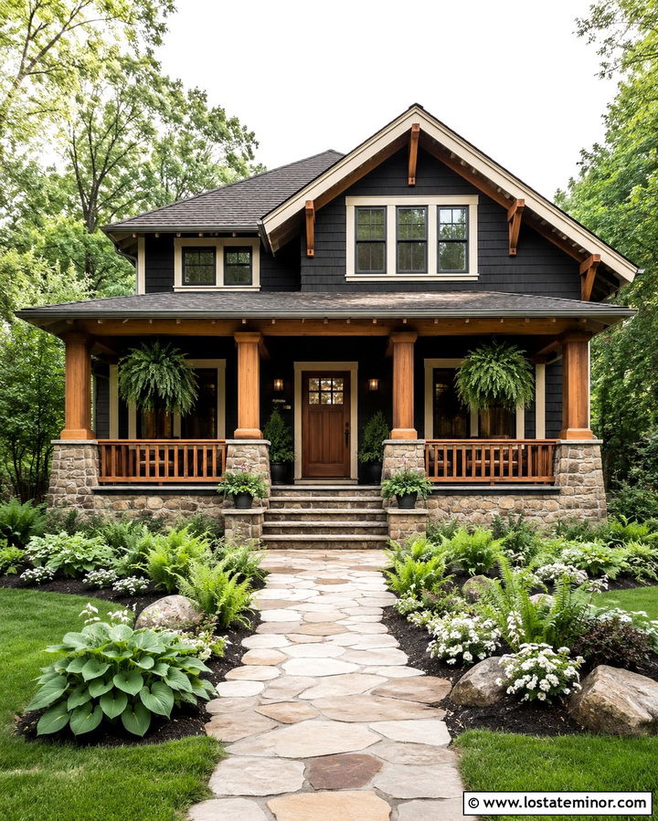 Soft Black Bungalow With Cedar Porch Railings - 30 Soft Black House Design With Railings Ideas