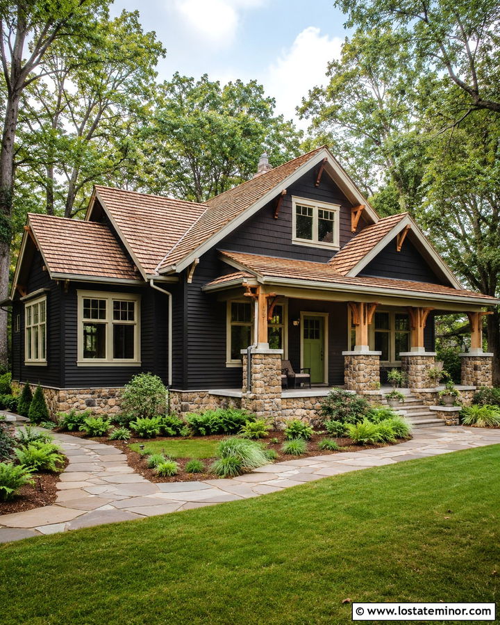 Soft Black Bungalow With Cedar Shake Roof - 30 Soft Black House Design With Shingles Ideas