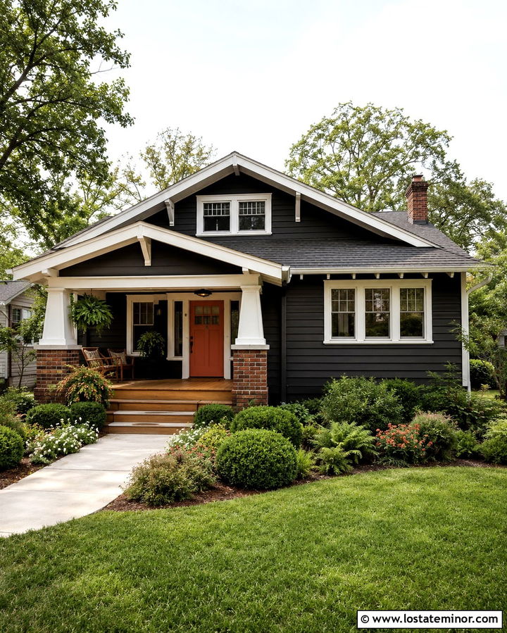 Soft Black Bungalow With Coral Front Door - 30 Soft Black House Design With Front Door Ideas