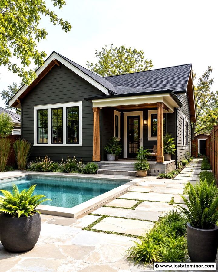 Soft Black Bungalow With Courtyard Pool - 30 Soft Black House Design With Swimming Pool Ideas