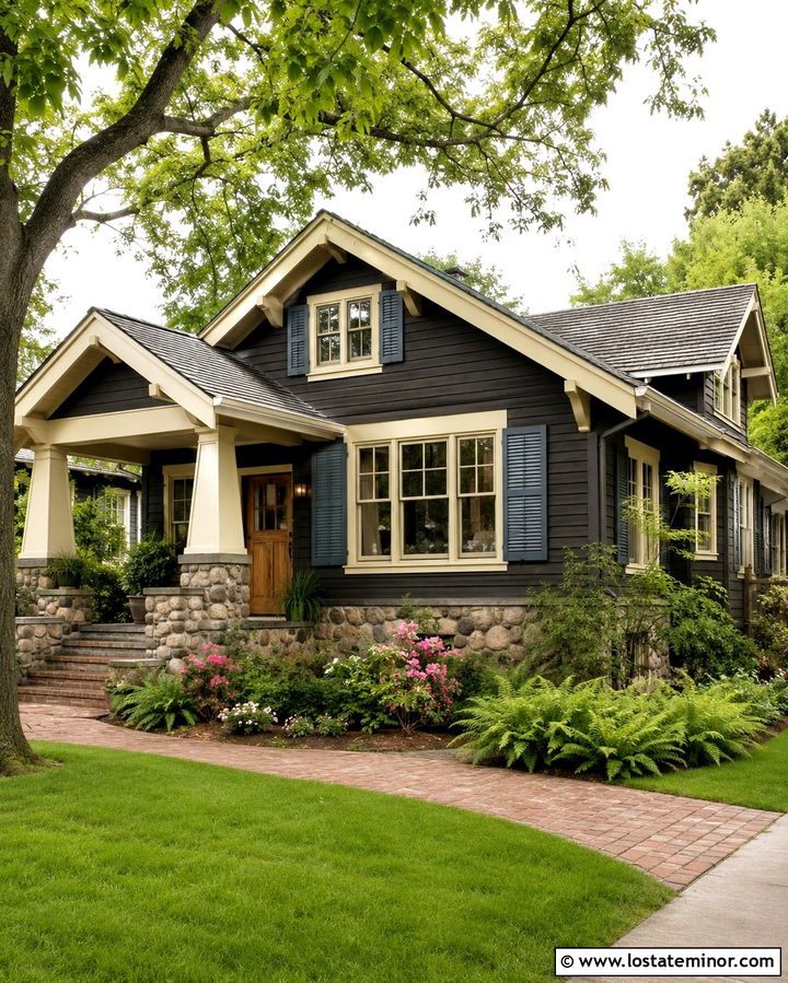 Soft Black Bungalow With Dusty Blue Shutters - 30 Soft Black House Design With Shutters Ideas