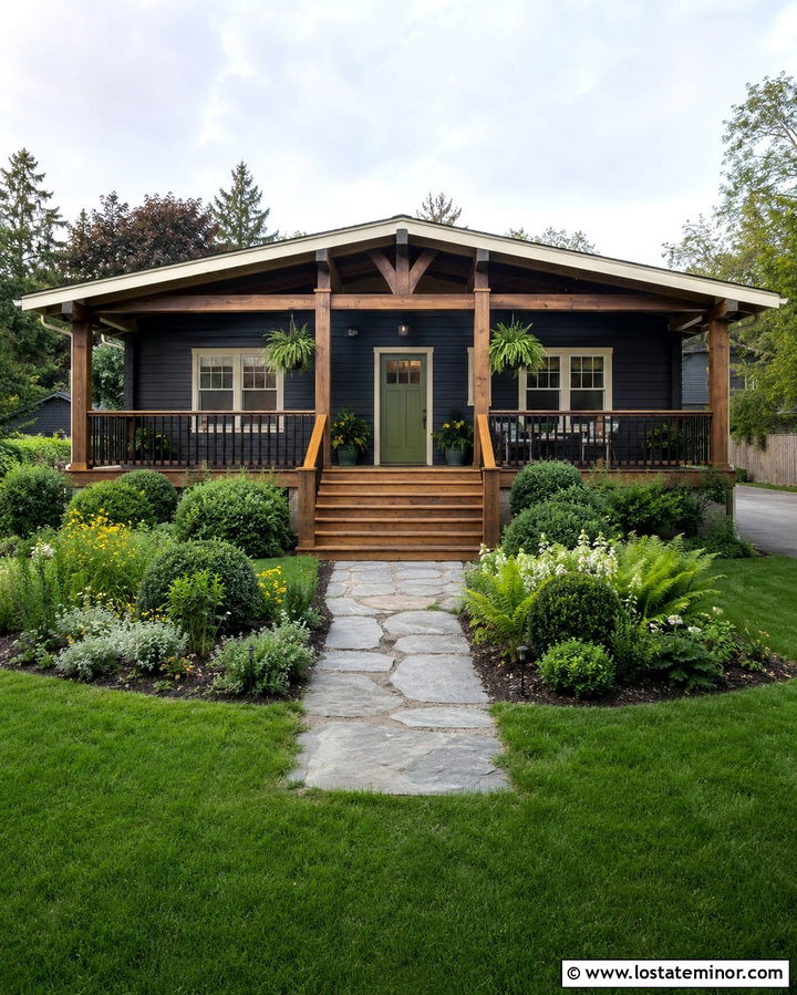 Soft Black Bungalow With Front Deck - 30 Soft Black House Design With Deck Ideas