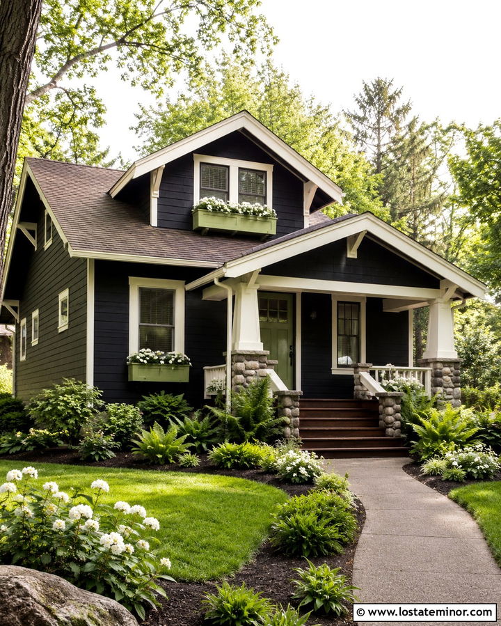Soft Black Bungalow With Green Window Boxes - 30 Soft Black House Design With Window Boxes Ideas