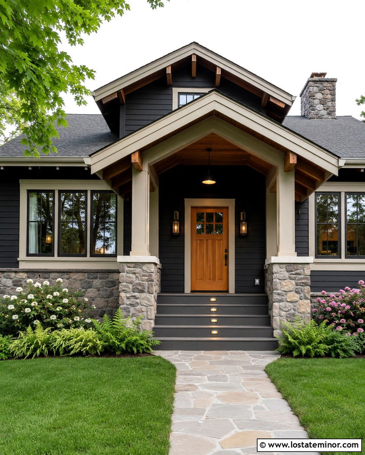Soft Black Bungalow With Layered Porch Lighting - 30 Soft Black House Design With Lighting Ideas