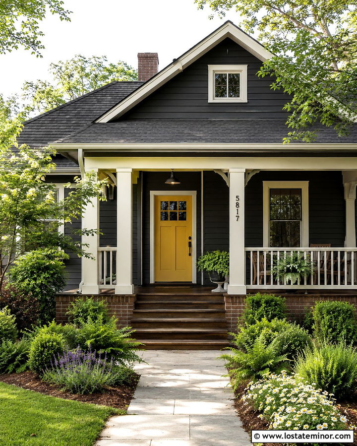 Soft Black Bungalow With Mustard Yellow Entry Door - 30 Soft Black House Design With Entry Door Ideas