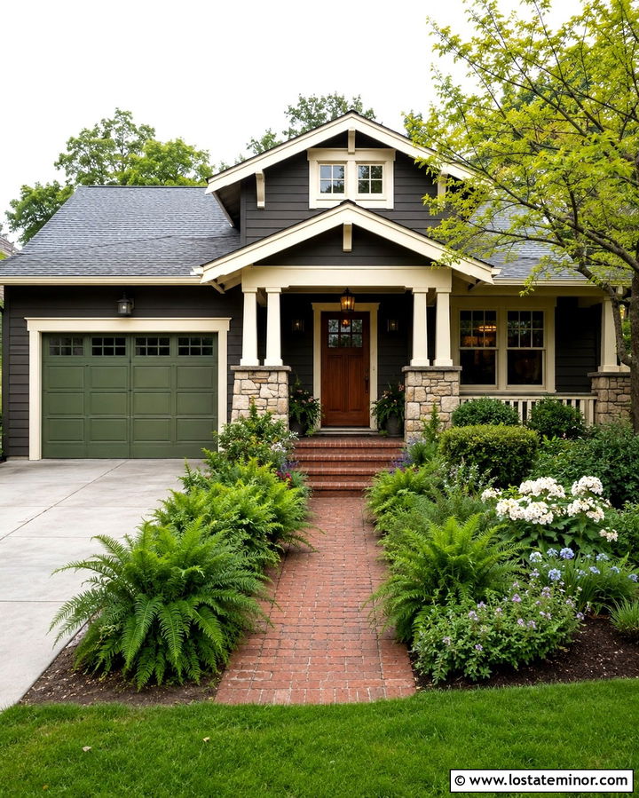Soft Black Bungalow With Olive Garage Door - 30 Soft Black House Design With Garage Door Ideas