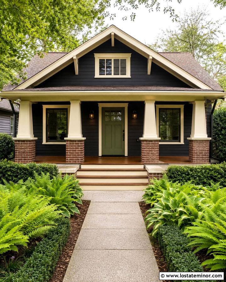 Soft Black Bungalow With Olive Green Front Door - 30 Soft Black House Design With Front Door Ideas