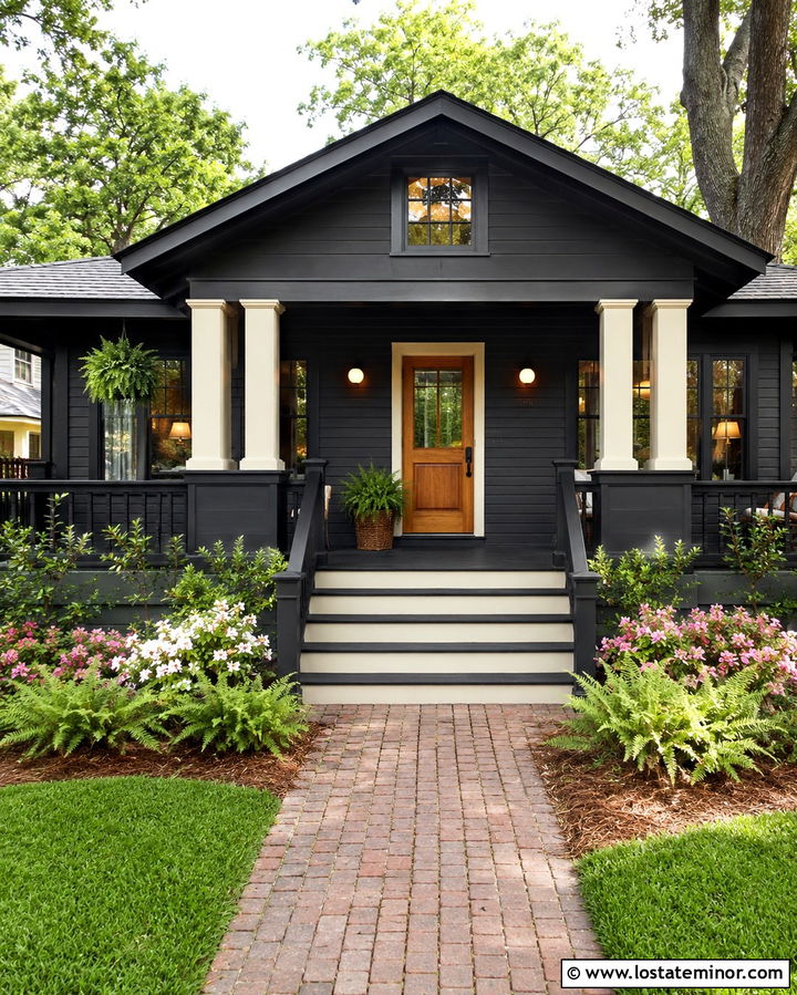 Soft Black Bungalow With Painted Wood Steps - 30 Soft Black House Design With Steps Ideas