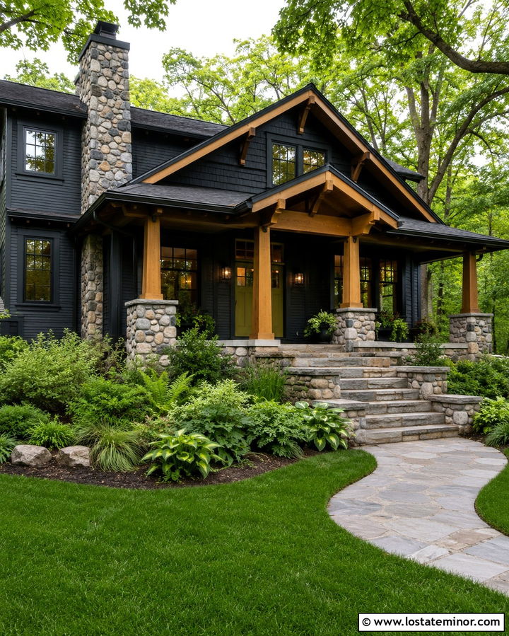 Soft Black Bungalow With River Rock Chimney - 30 Soft Black House Design With Chimney Ideas