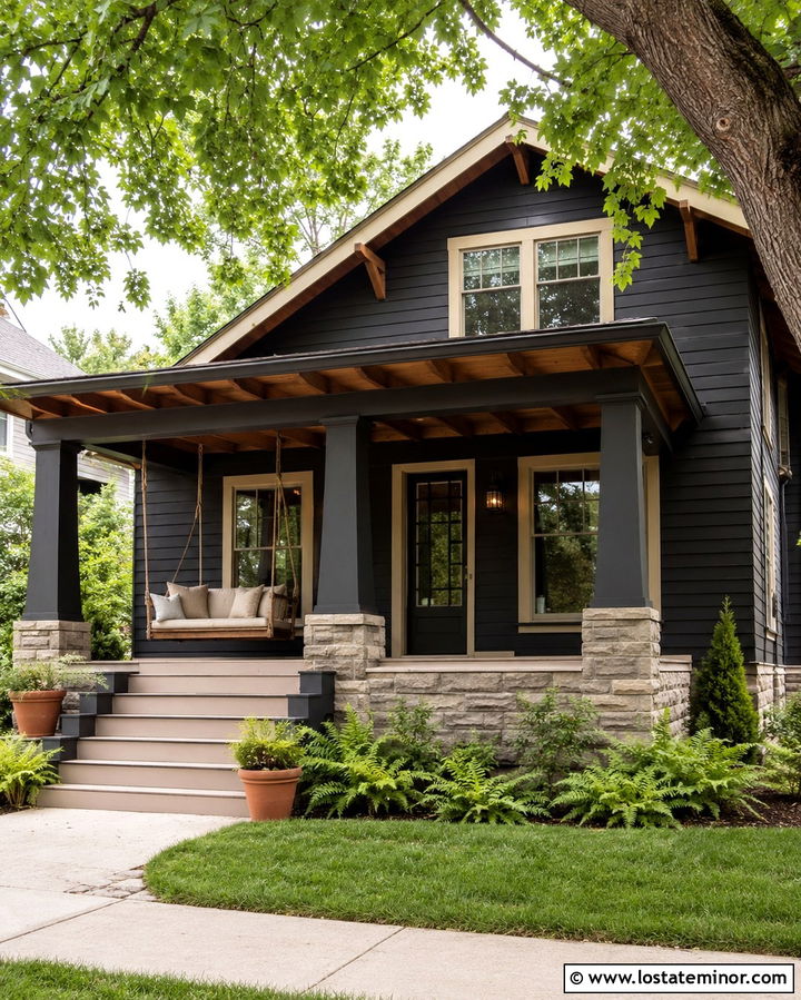 Soft Black Bungalow With Rope Hung Swing - 30 Soft Black House Design With Swing Ideas