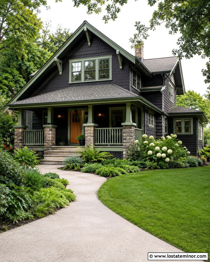 Soft Black Bungalow With Sage Green Trim - 30 Soft Black House Design With Trim Ideas
