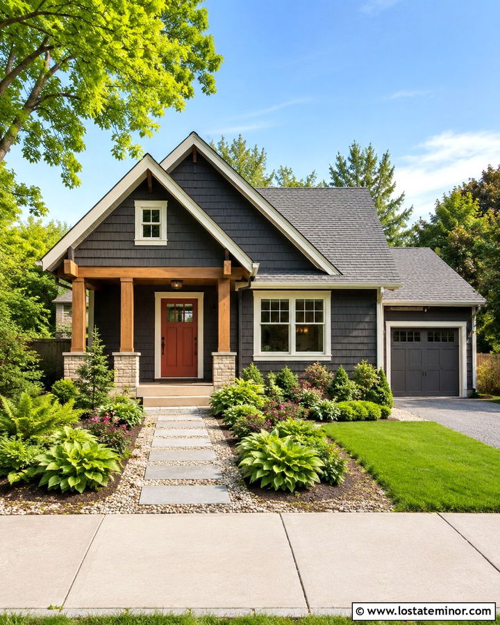 Soft Black Bungalow With Stepping Stone Walkway - 30 Soft Black House Design With Walkway Ideas