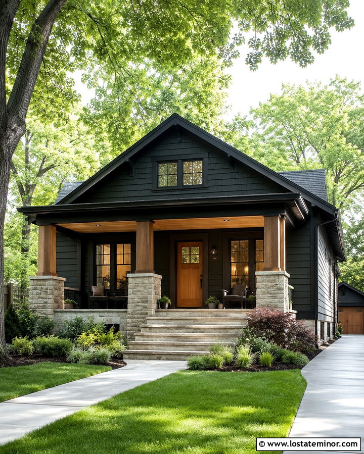 Soft Black Bungalow With Stone Porch Columns - 30 Soft Black House Design With Stone Accents Ideas