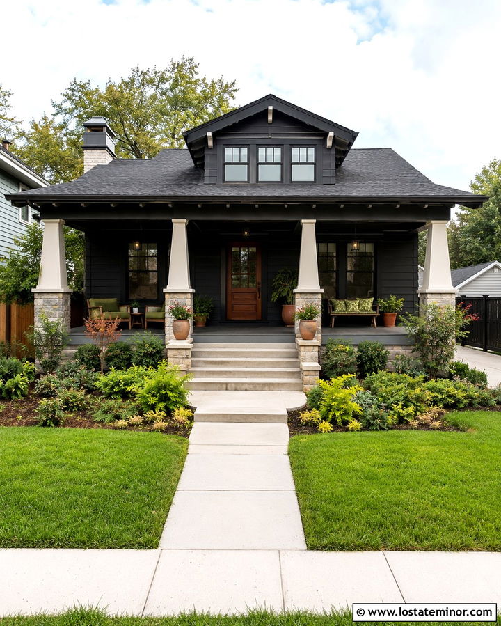 Soft Black Bungalow With Tapered Porch Columns - 30 Soft Black House Design With Front Porch Ideas