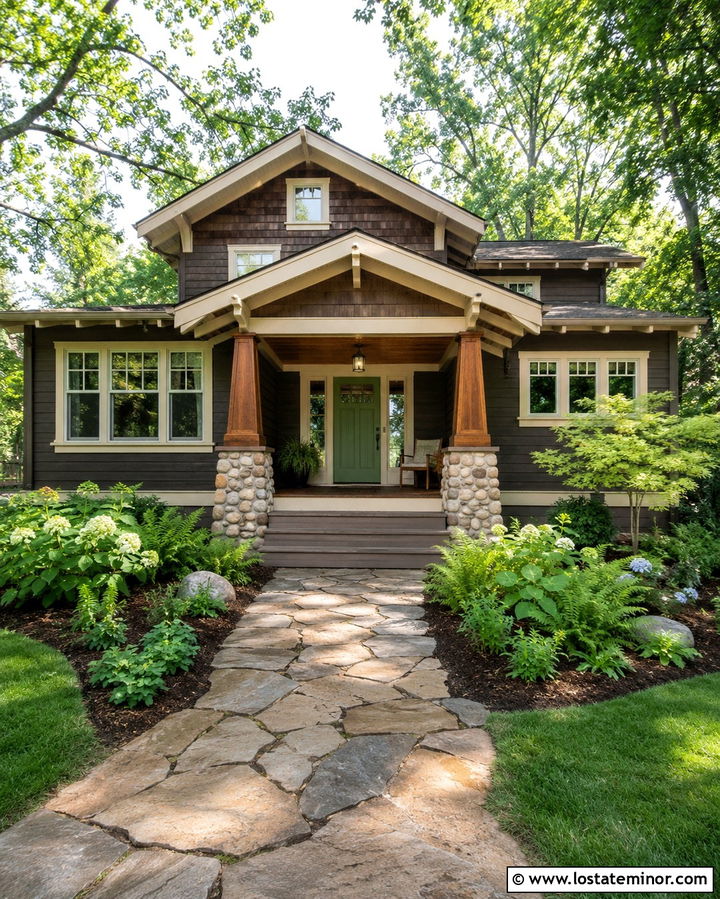 Soft Black Bungalow With Tapered Wood Columns - 30 Soft Black House Design With Porch Columns Ideas