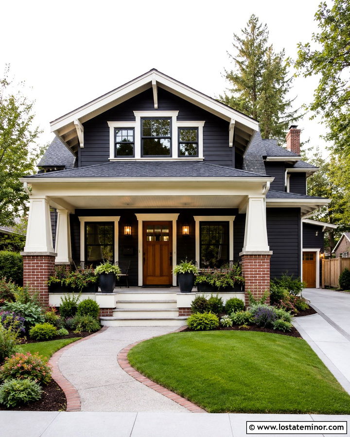 Soft Black Bungalow With Wide Front Portico - 30 Soft Black House Design With Portico Ideas