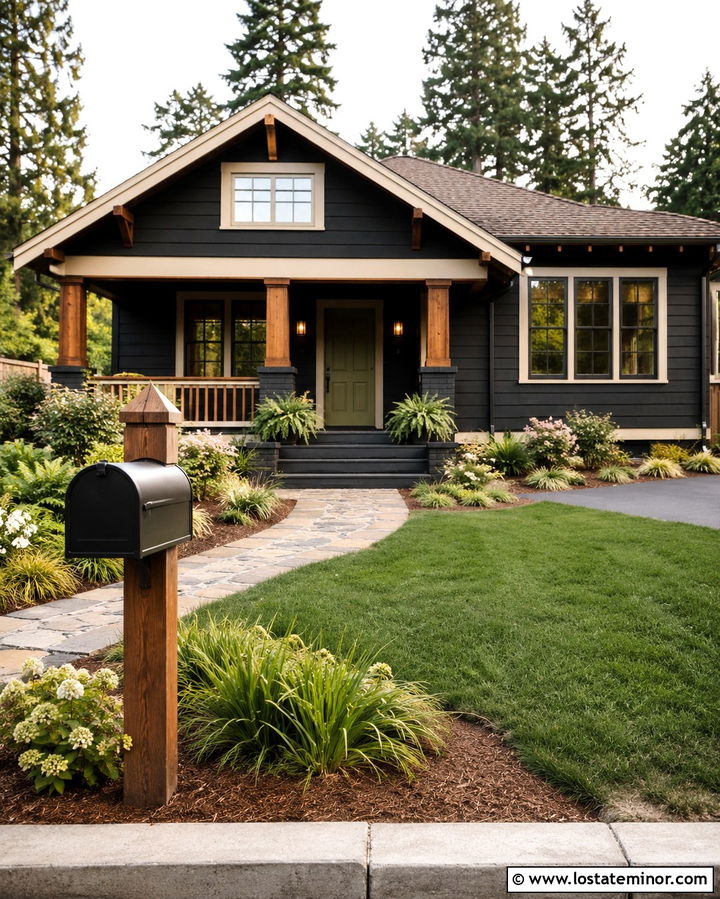 Soft Black Bungalow With Wood Post Mailbox - 30 Soft Black House Design With Mailbox Ideas